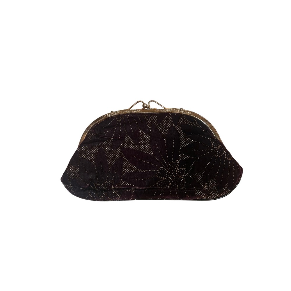 Vintage Dark Purple Velvet Floral Glitter Kiss Lock Evening Clutch Bag